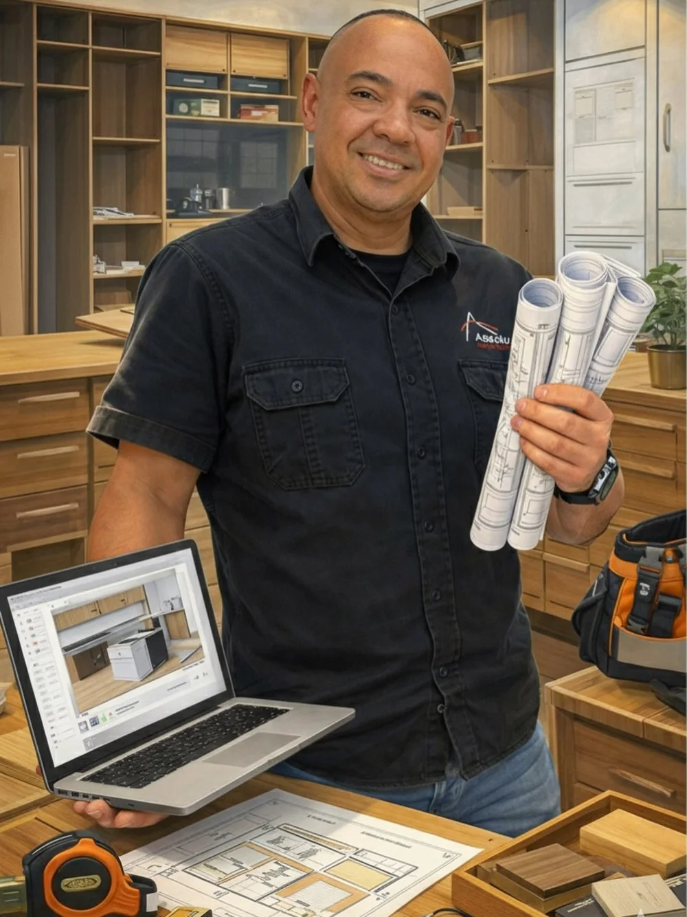 Erivelton Pereira, da Absoluta, sorrindo, de camisa preta com o logo da empresa, segurando um notebook com o projeto 3D de uma cozinha e rolos de plantas, numa oficina de marcenaria com armários de madeira ao fundo